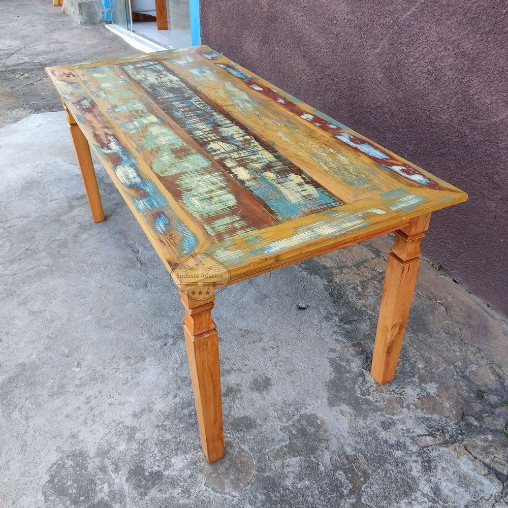 Mesa Em Madeira 200 X 90 Com Tinta Pátina Em Demolição Sudeste Rústico - 5