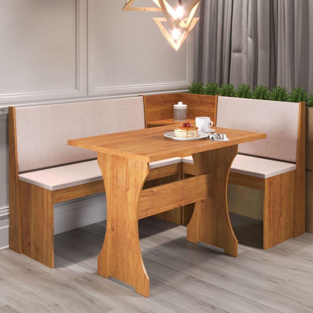 Mesa Com Banco Canto Estofado Golden Mel Tecido Linho Amendoa Viero Mel / Amendoa - 4