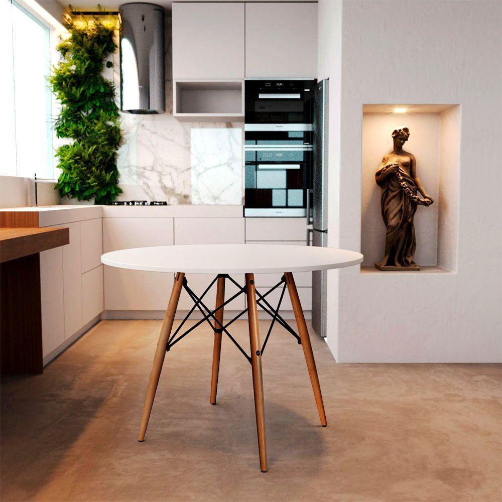 Mesa Eiffel Design Charles Eames 110cm Branca Base Madeira Maciça - Cor: Branco - 1