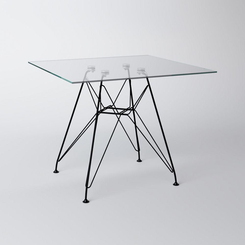 Mesa Eiffel Quadrada 90Cm Tampo De Vidro Com Base De Ferro Preto Cor: Branco - 1