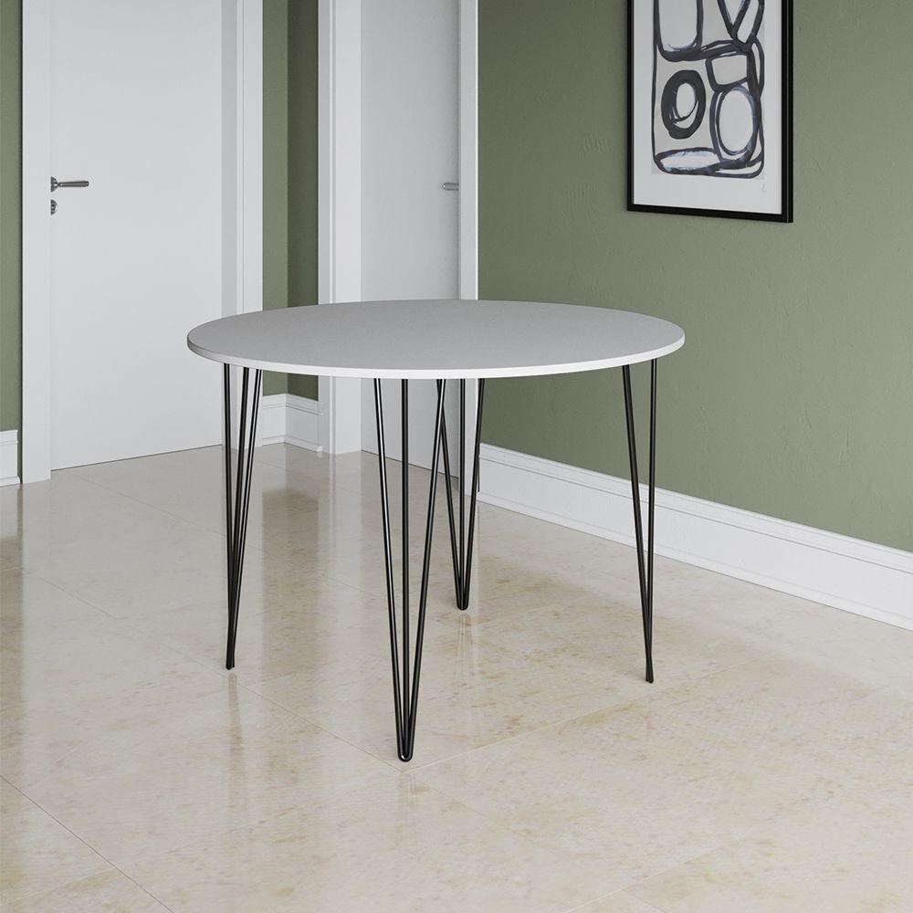 Mesa Jantar Redonda Branca Hairpin 90cm Elen Base Ferro Preto - Cor: Branco - 1