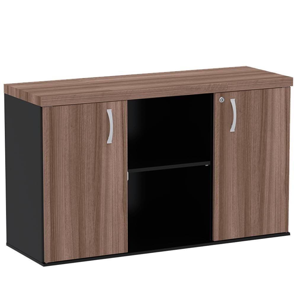 Armário Baixo Credenza Pe40 Pandin 121,50 Cm Em Mdp Walnut E Preto Dois Nichos E Duas Portas - 1