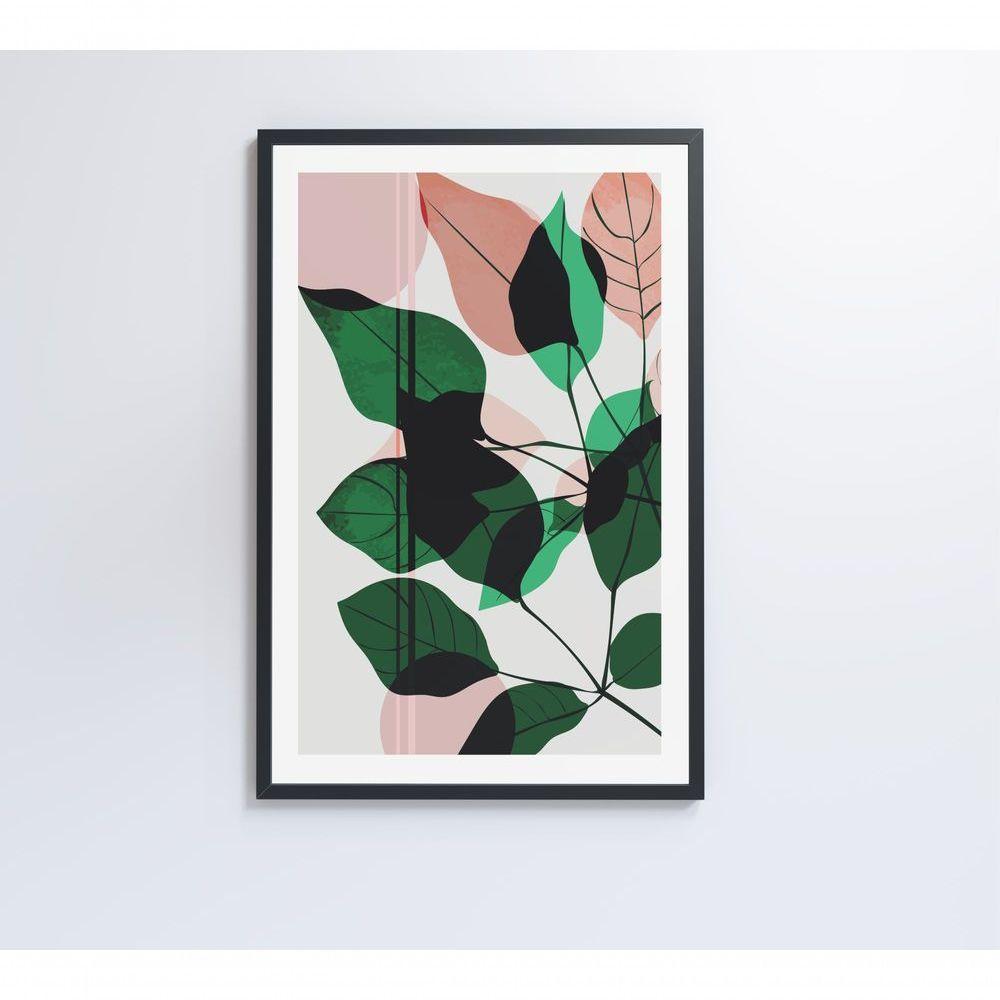 Quadro Pintura Folhas Verdes E Rosa 40x60 Cm Vidro Impresso - 2