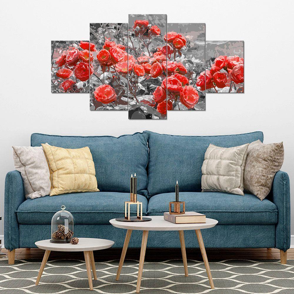 Kit 5 Placa Quadro Quarto Sala Flores Vermelha Rosas - 5