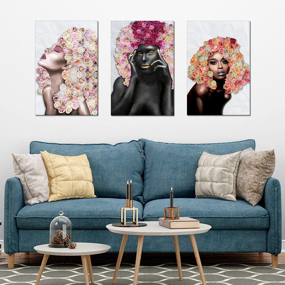 Placas Quadros Mdf 20X30Cm Mulheres Rosto Flores Rosas Kit 3 - 5