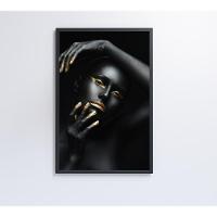 Quadro Mulher Negra Dourado 60x90 Cm Tecido Canvas