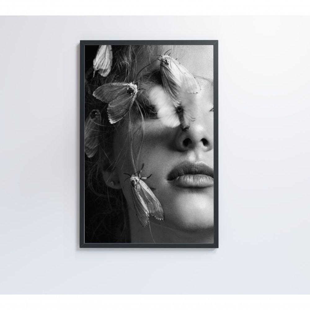Quadro Mulher Preto E Branco Com Mariposa 120x80 Cm Vidro Impresso - 3