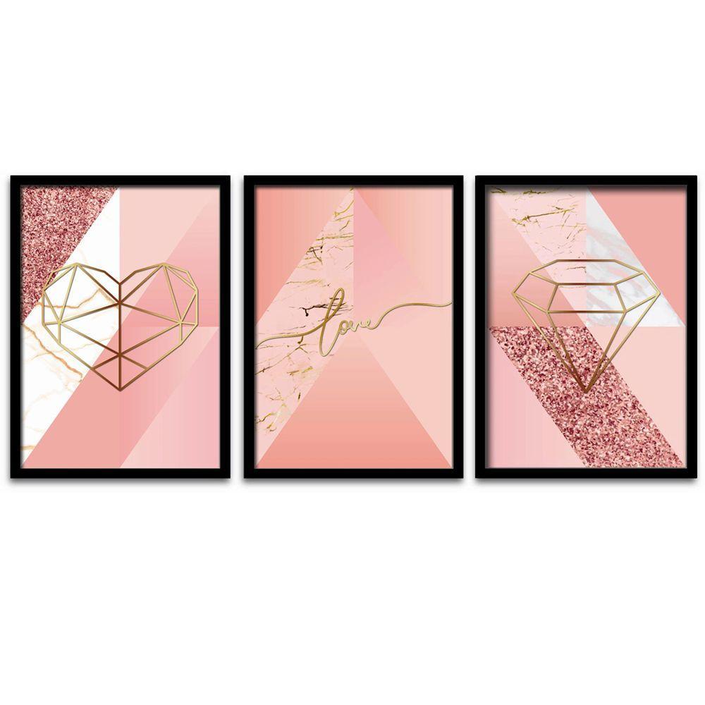 Conjunto Quadros Decorativos 3 Peças 30x45 Mdf Formas Rosa Titulos Moldura Preta - 6