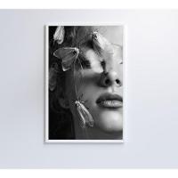 Quadro Mulher Preto E Branco Com Mariposa 90x60 Cm Tecido Canvas
