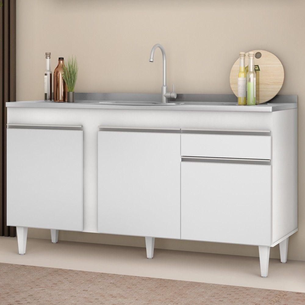 Balcão Gabinete Com Pia Inox 150cm 3 Portas 1 Gaveta Dakota Branco - Lumil - 2
