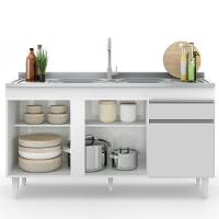 Balcão Gabinete Com Pia Inox 150cm 3 Portas 1 Gaveta Dakota Branco - Lumil - 10