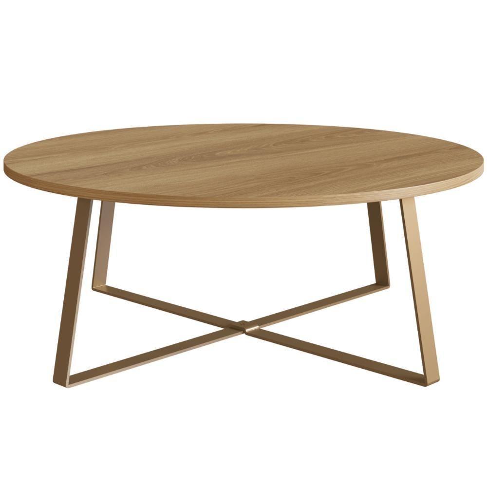 Mesa De Centro Redonda Artesano 80 Cm (largura) Em Mdp Bp Estrutura Metálica Em Aço Dourado - 1