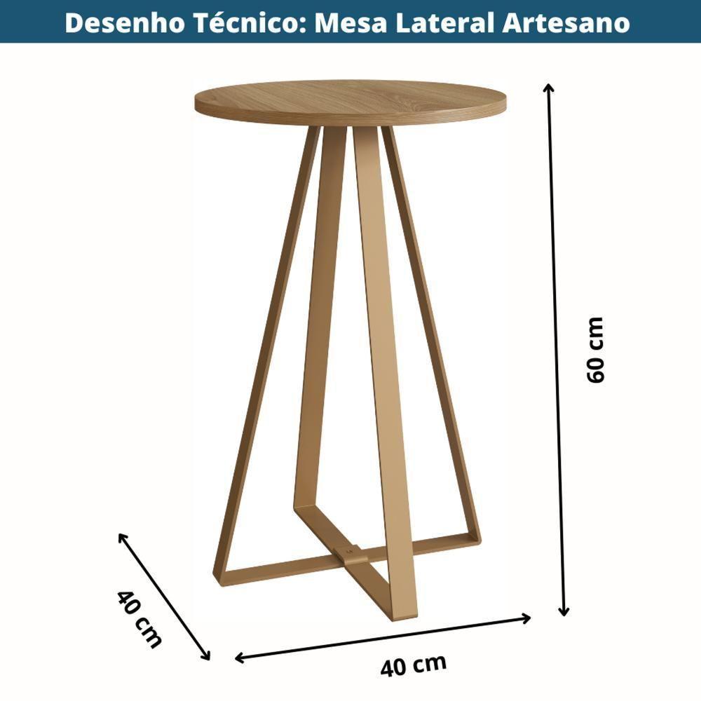 Mesa Lateral Redonda Industrial Artesano 40 Cm (largura) Em Mdp Mel Estrutura Metalica Aço Dourado - 3