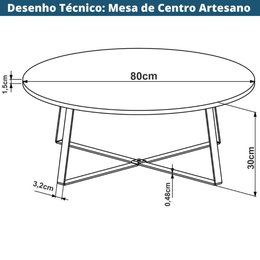 Mesa De Centro Redonda Artesano 80 Cm (largura) Em Mdp Bp Estrutura Metálica Em Aço Preto - 3