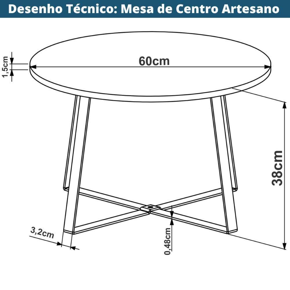 Mesa De Centro Redonda Artesano 60 Cm (largura) Em Mdp Bp Estrututa Metálica Em Aço Preto - 3