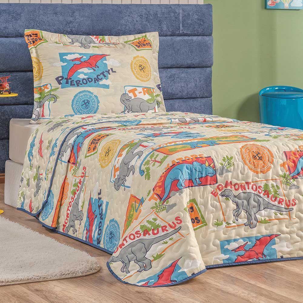 Kit Colcha Dinossauro Solteiro Tecido Microfibra Dupla Face Quarto Infantil - Amarelo - 1