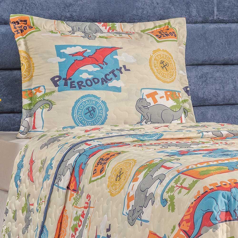 Kit Colcha Dinossauro Solteiro Tecido Microfibra Dupla Face Quarto Infantil - Amarelo - 2