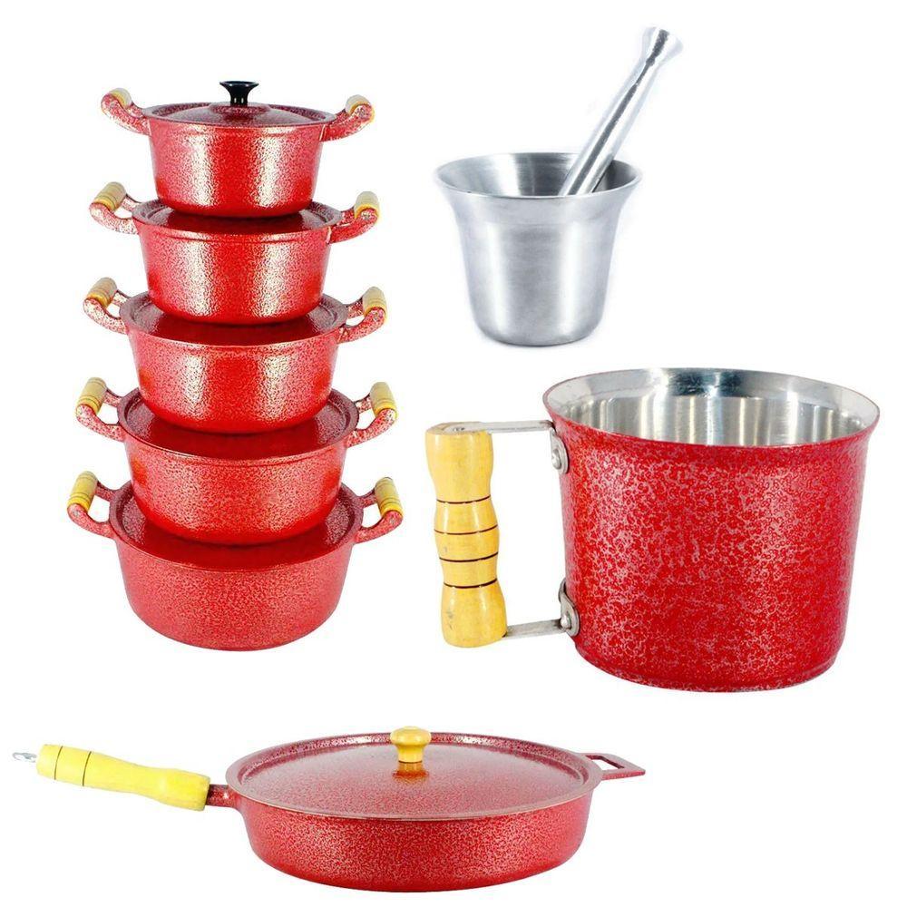 Jogo Craqueado Caçarolas Frigideira Canecão e Socador Polido. - 2