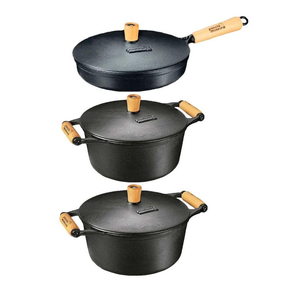 Kit Caçarola Frigideira Ferro Alça E Cabo Madeira 19 E 25cm. - 1