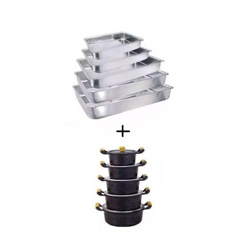 Jogo 05 Caçarola Alça Madeira Reta Craqueada E 05 Assadeiras - 1