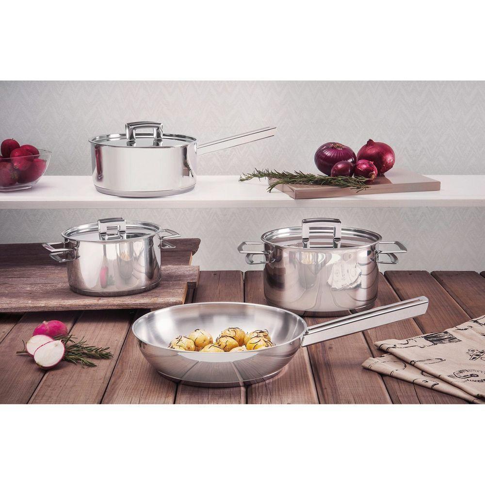 Caçarola Brava Rasa Em Aço Inox Fundo Triplo Com Tampa Plana E Alças 16 Cm 1,4 L - 2