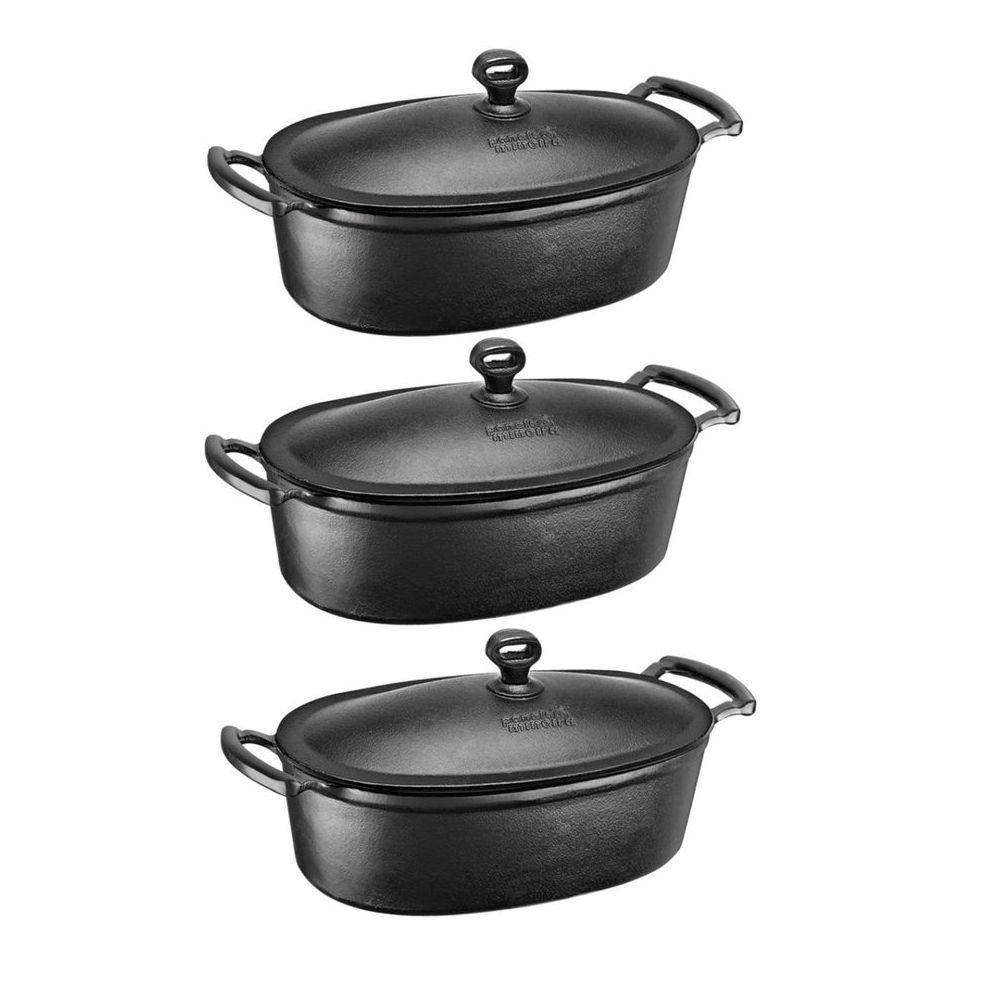 Kit 3 Caçarolas Oval Com Alça E Tampa De Ferro Fundido 5L - 1