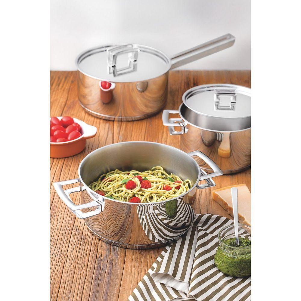 Caçarola Brava Rasa Em Aço Inox Fundo Triplo Com Tampa Plana E Alças 24 Cm 4,8 L - 5