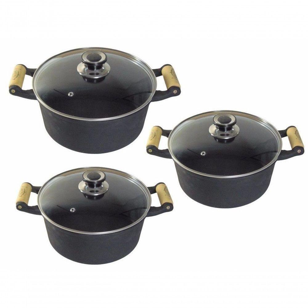 Jogo 3 Caçarolas Ferro Fundido Alça De Madeira Tampa Vidro. - 1