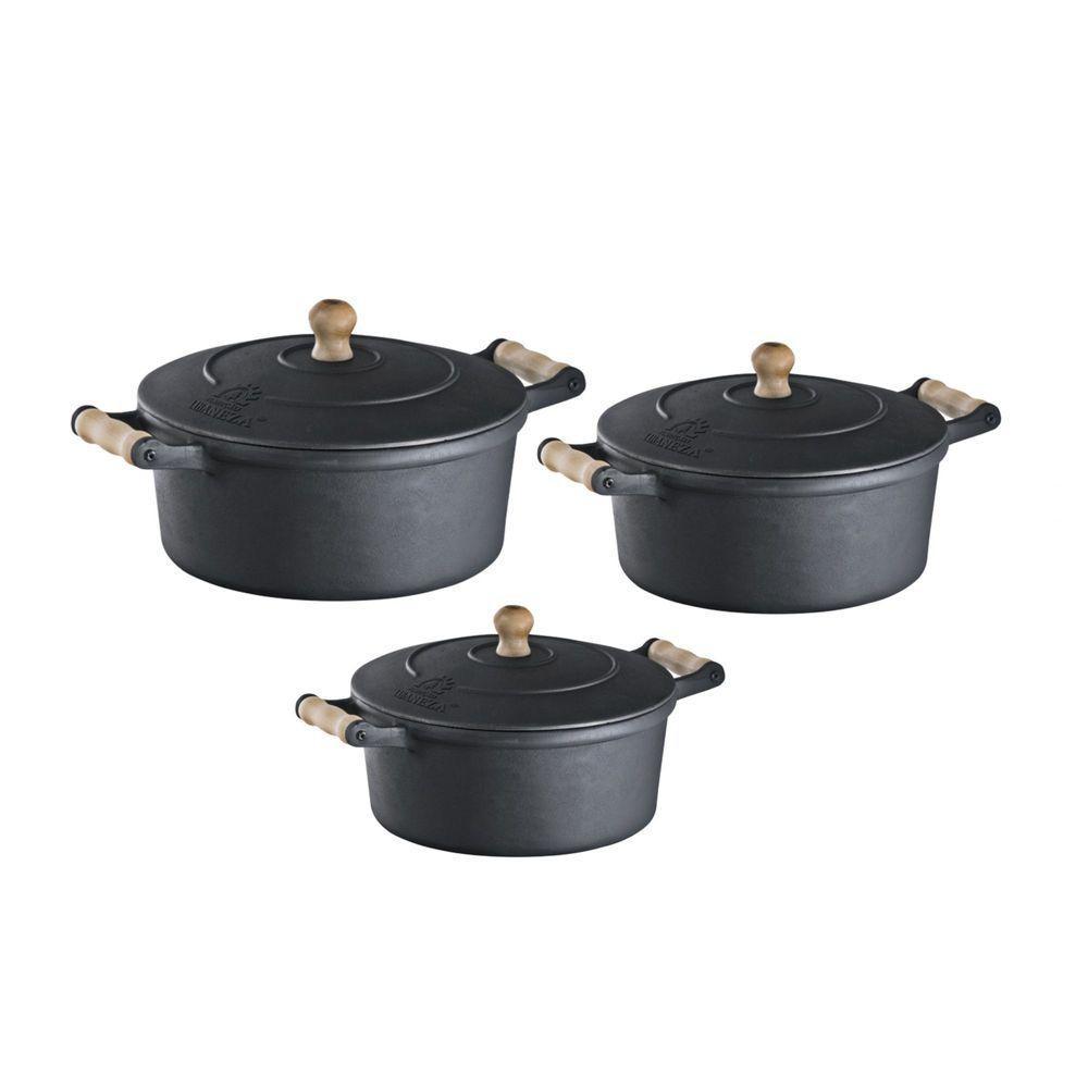 Jogo 3 Caçarolas Ferro E Alça Madeira 5,9, 7,6 E 9,8 Litros. - 1