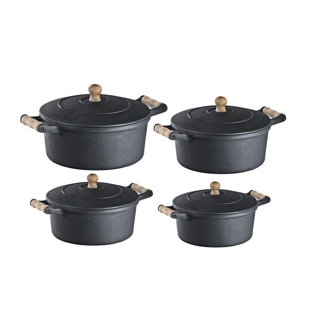 Jogo 4 Caçarolas E Tampa Ferro Alça Madeira 16 18 20 E 22cm. - 1