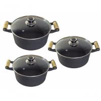 Jogo 3 Caçarolas Ferro Fundido Alça De Madeira Tampa Vidro. - 1