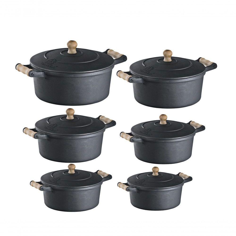 Jogo 6 Unidades Caçarolas Ferro E Alça Madeira Libaneza. - 1