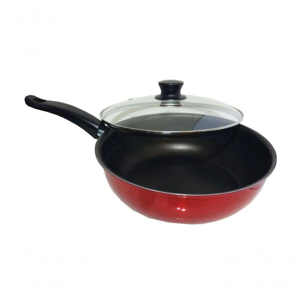 Frigideira Antiaderente Grande Nº24 Vermelha Tampa De Vidro - 3