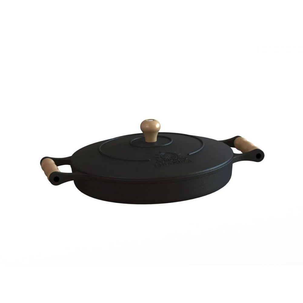 Frigideira Ferro Fundido Com Tampa E Alças De Madeira 28 Cm. - 2