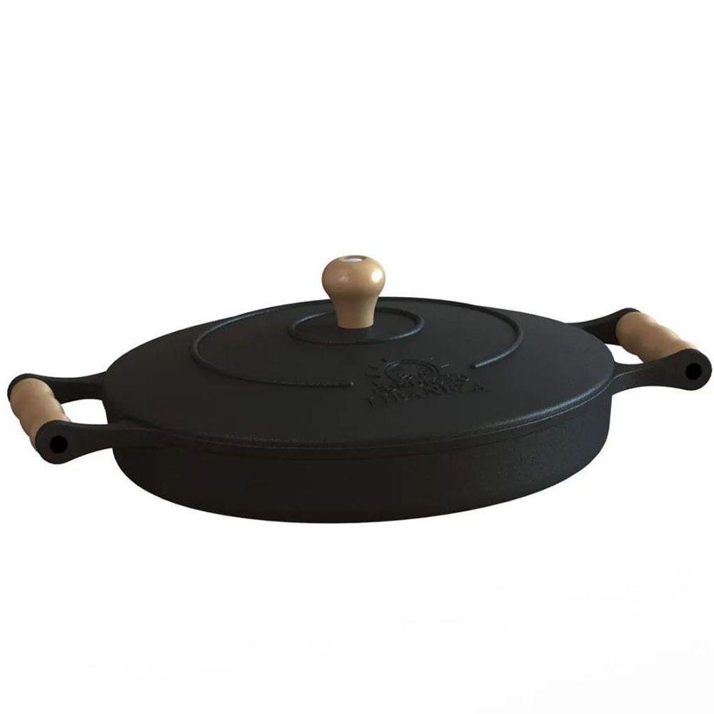 Frigideira Ferro Fundido com Tampa e Alças de Madeira 28Cm - 1
