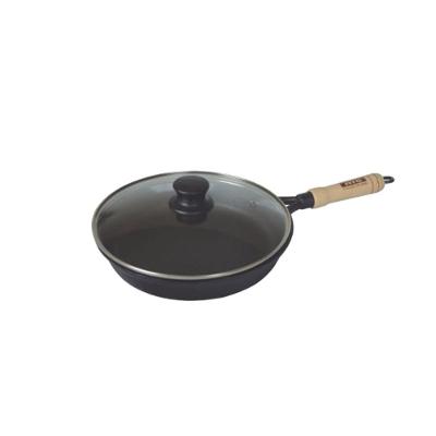 Frigideira Ferro Fundido Cabo Madeira Tampa Vidro 24cm