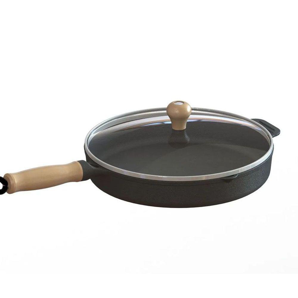 Frigideira Ferro Fundido com Tampa Vidro Cabo Madeira 26cm - 1