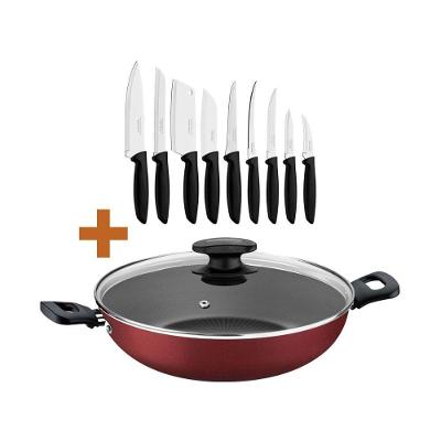 Kit Panela Wok Loreto 28cm Alumínio Antiaderente Vermelho com Facas Plenus 9 Peças Tramontina