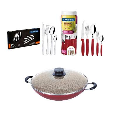 Kit Panela Wok Paris 36cm Alumínio Antiaderente Vermelho com Faqueiro 30 Peças e Inox 24 Tramontina