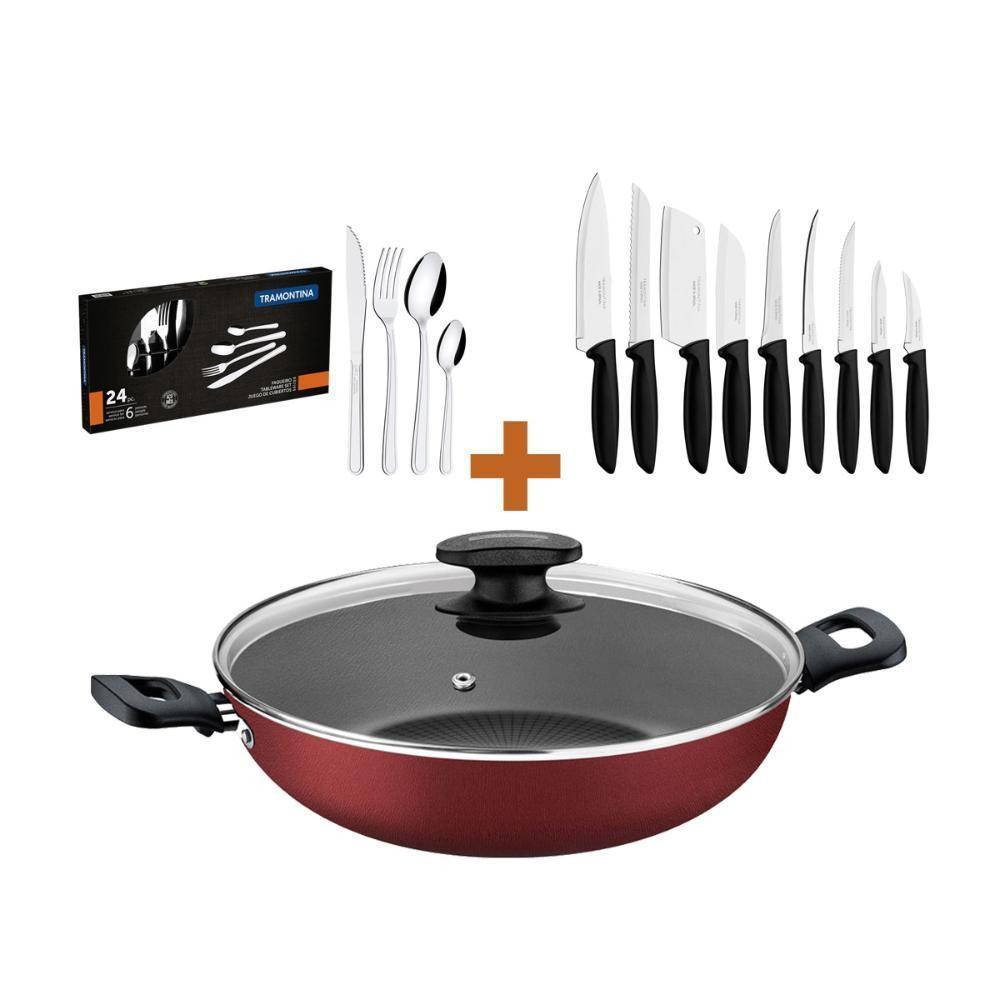 Kit - Panela Wok Alumínio 28cm + 1 Conjunto Facas 9pç + 1 Faqueiro Inox 24pç - Tramontina - 1