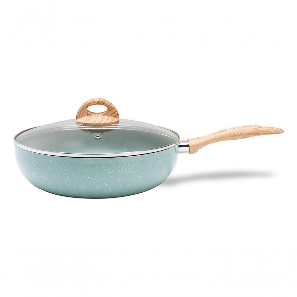 Panela Wok Com Tampa Fundo De Indução 28 Cm 3,4 L Revestimento Cerâmico Antiaderente Verde - 1