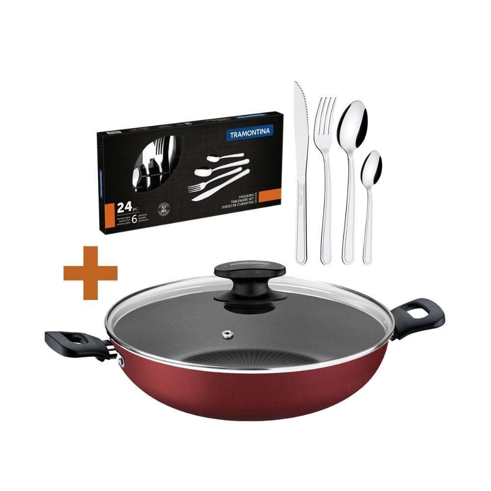 Kit - Panela Wok Alumínio 28cm Loreto Vermelho + 1 Faqueiro Inox 24pç - Tramontina - 1