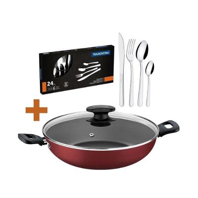 Kit Panela Wok Loreto 28cm Alumínio Antiaderente Vermelho com Tampa Vidro e Faqueiro Inox Tramontina