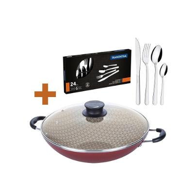 Kit Panela Wok Paris 36cm 6L Alumínio Antiaderente Vermelho com Tampa de Vidro e Faqueiro Inox