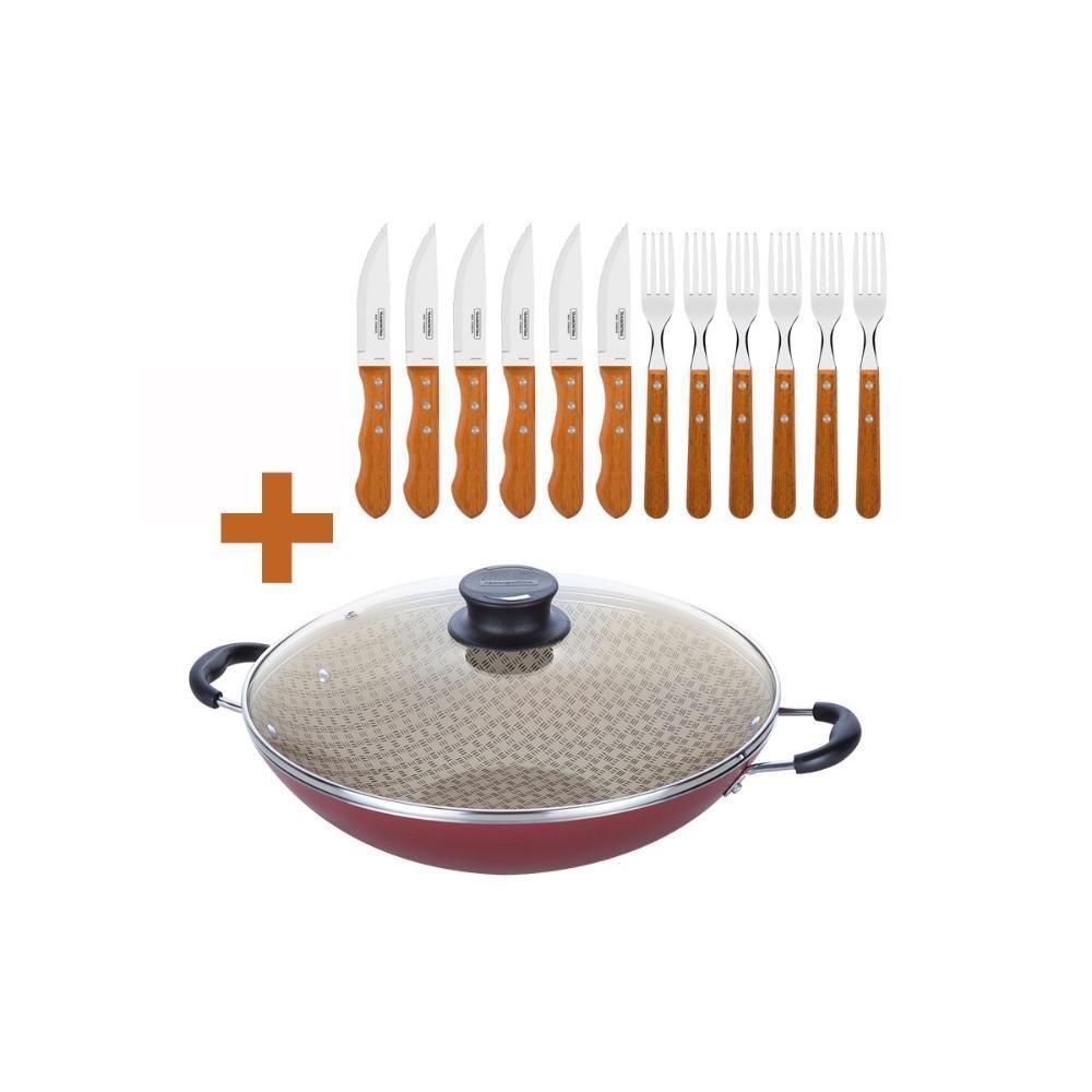 Kit - Panela Wok 6l Alumínio 36 Cm Paris Vermelho + 1 Jogo Churrasco 12pç - Tramontina - 3