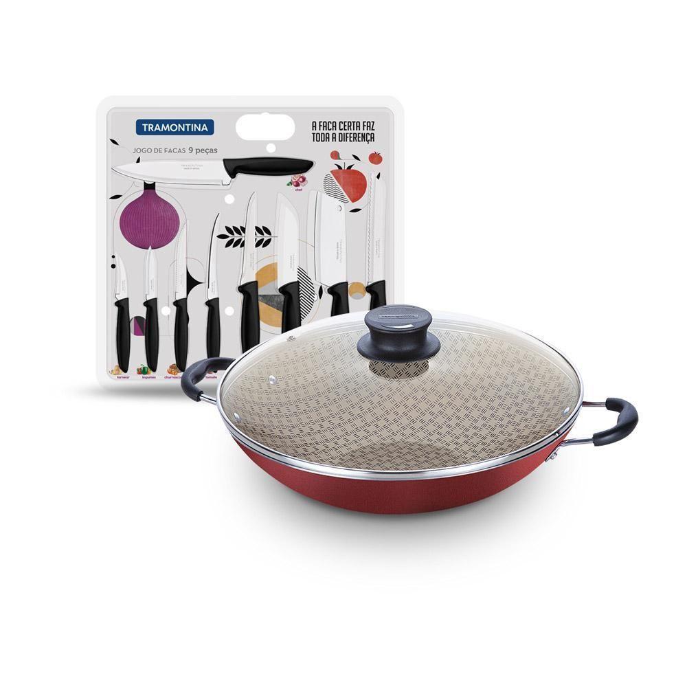 Kit - Panela Wok 6l Alumínio 36 Cm Paris Vermelho + 1 Conjunto Facas 9pç - Tramontina - 1