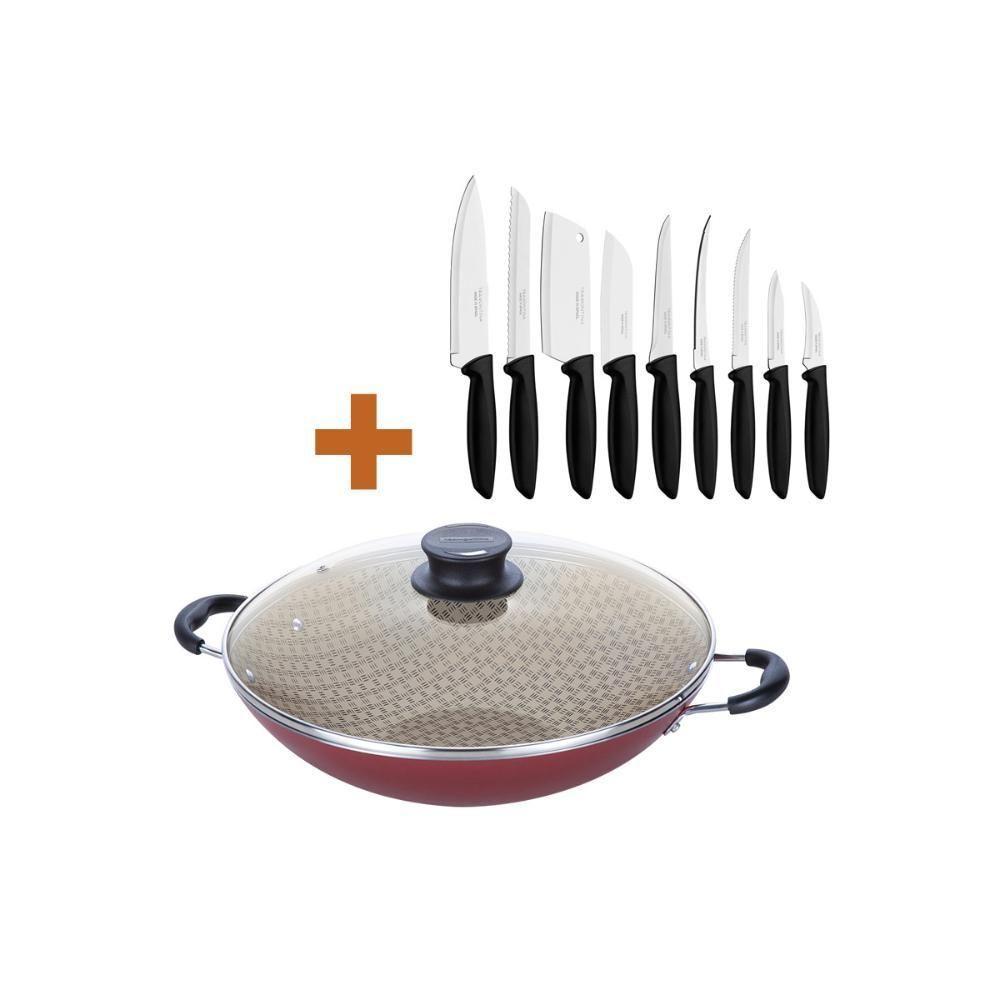 Kit - Panela Wok 6l Alumínio 36 Cm Paris Vermelho + 1 Conjunto Facas 9pç - Tramontina - 3