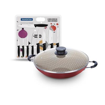Kit Panela Wok Paris Alumínio Antiaderente 6L Vermelho com Jogo de Facas 9 Peças Tramontina