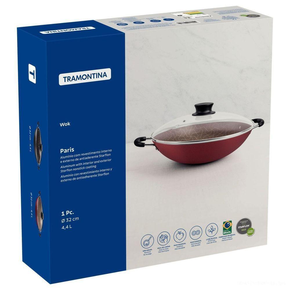 Wok Paris Com Revestimento Em Antiaderente Starflon Max Vermelho Tampa Vidro 32 Cm 4,4l - 4
