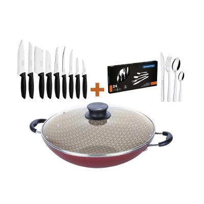 Kit Panela Wok Paris 6L 36cm Alumínio Antiaderente Vermelho com Faqueiro e Facas Tramontina